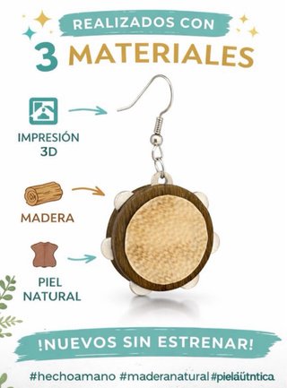 Pendientes Pandereta Madera y Piel