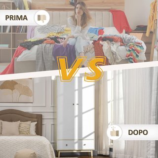 Armario de 2 Puertas de Madera Con 4 Compartimentos, 2 Cajones y Percheros, Color Madera y Blanco, 90X50X190Cm