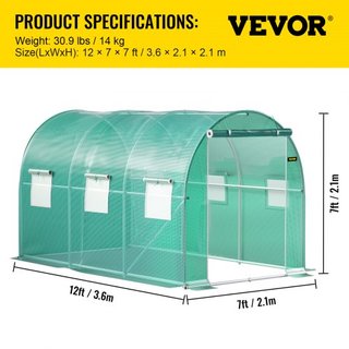 Invernadero de túnel portátil, 3.6 x 2 x 2 m / 12 x 7 x 7 pies, casa de plantas con arcos de acero galvanizado, 1 viga superior, 2 postes diagonales, 2 puertas con cremallera y 6 ventanas enrollab...