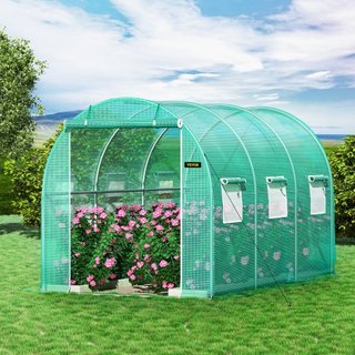 Invernadero de túnel portátil, 3.6 x 2 x 2 m / 12 x 7 x 7 pies, casa de plantas con arcos de acero galvanizado, 1 viga superior, 2 postes diagonales, 2 puertas con cremallera y 6 ventanas enrollab...