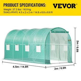 Invernadero de túnel portátil, 4.5 x 2 x 2 m / 15 x 7 x 7 ft Casa de plantas con arcos de acero galvanizado, 1 viga superior, 2 postes diagonales, 2 puertas con cremallera y 8 ventanas enrollables...