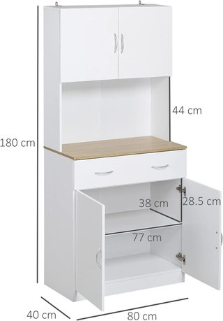 Mueble de Cocina Alto 180Cm Con Armarios de 2 Puertas y Cajón, Credenza Alta de Cocina en Madera Con Estantes Regulables, para Cocina, Comedor y Sala de Estar, 80X40X180 Cm, Blanco