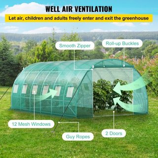 Invernadero de túnel portátil, 609.6 x 304.8 x 213.4 cm Casa caliente para plantas con arcos de acero galvanizado, 3 vigas superiores, 4 postes diagonales, 2 puertas con cremallera y 12 ventanas e...