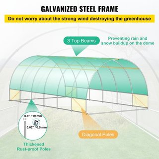 Invernadero de túnel portátil, 609.6 x 304.8 x 213.4 cm Casa caliente para plantas con arcos de acero galvanizado, 3 vigas superiores, 4 postes diagonales, 2 puertas con cremallera y 12 ventanas e...