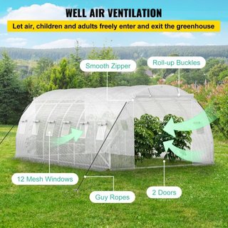 Invernadero de túnel portátil, 609.6 x 304.8 x 213.4 cm Casa caliente para plantas con arcos de acero galvanizado, 3 vigas superiores, 4 postes diagonales, 2 puertas con cremallera y 12 ventanas e...