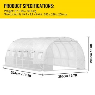 Invernadero de túnel portátil, 609.6 x 304.8 x 213.4 cm Casa caliente para plantas con arcos de acero galvanizado, 3 vigas superiores, 4 postes diagonales, 2 puertas con cremallera y 12 ventanas e...