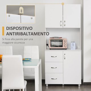 Credenza da Cucina e Soggiorno, Moderna Credenza in Legno Bianco, 2 Armadi, Ripiani Regolabili, 1 Ripiano Aperto e 3 Cassetti, 80X39.5X183.5Cm