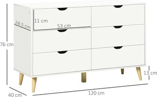 Cómoda de Dormitorio de 6 Cajones, Comoda Moderna con Manijas Talladas y Patas de Columna, Mueble para Sala de Estar, Habitación Infantil y Pasillo en Madera, 120X40X76 Cm, Blanco