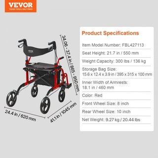 2 en 1 Andador Rollator y Silla de Transporte para Personas Mayores, Combo de Andador Plegable y Silla de Ruedas con Reposapiés, Andador de Movilidad de Aluminio Ligero con Mango Ajustable, Ruedas...