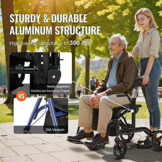 Caminador y silla de transporte 2 en 1 para personas mayores, combo de caminador plegable y silla de ruedas con reposapiés, caminador de movilidad de aluminio ligero con manillar ajustable, ruedas...