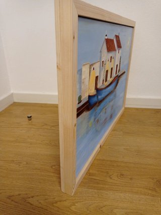 Pintura al óleo: Casas y barcas en el mar