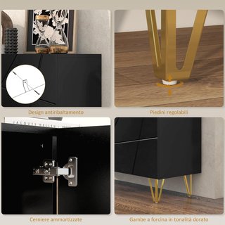 Mueble Contenedor Con 2 Armarios Y Estante Regulable a 3 Niveles, Credenza Moderna Con Patas De Metal, 120X40X75 Cm, Negro Y Oro