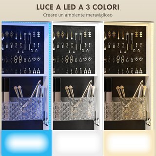 Espejo Joyero Con Luz LED, Armario Joyero Con Espejo, Perchero, Cierre Con Llave Y Estantes Posteriores, Giratorio a 360°, Para Dormitorio Sala, 37X40X165.5Cm, Blanco Y Negro