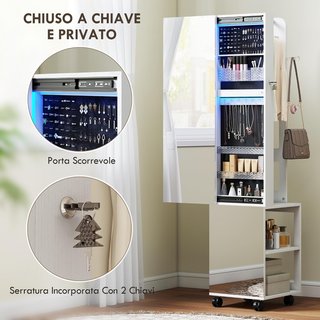 Espejo Joyero Con Luz LED, Armario Joyero Con Espejo, Perchero, Cierre Con Llave Y Estantes Posteriores, Giratorio a 360°, Para Dormitorio Sala, 37X40X165.5Cm, Blanco Y Negro