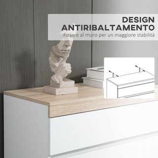 Cómoda de 5 Cajones de Madera, Cómoda para Dormitorio con Dispositivo Antivuelco, 80X40X109 Cm, Blanco y Roble