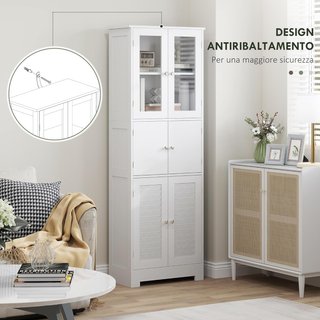 Mueble Columna de Baño Con 3 Armarios de 2 Puertas, Mueble Multiusos Con Puertas de Vidrio y de Persiana, 60X30X170.5Cm, Blanco
