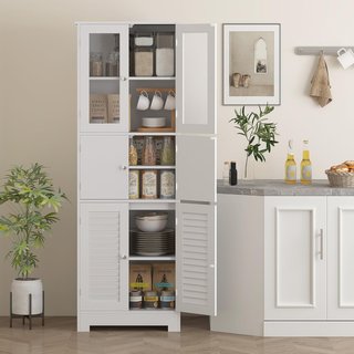Mueble Columna de Baño Con 3 Armarios de 2 Puertas, Mueble Multiusos Con Puertas de Vidrio y de Persiana, 60X30X170.5Cm, Blanco