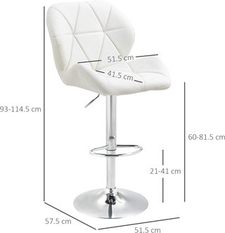 Set di 2 Sgabelli da Bar con Altezza Regolabile, Base in Metallo e Seduta in Pelle PU, Sgabelli da Cucina con Schienale e Poggiapiedi, 51.5X57.5X93-114.5Cm, Bianco