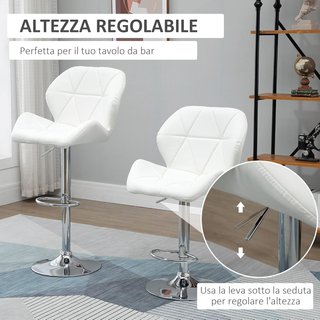 Set di 2 Sgabelli da Bar con Altezza Regolabile, Base in Metallo e Seduta in Pelle PU, Sgabelli da Cucina con Schienale e Poggiapiedi, 51.5X57.5X93-114.5Cm, Bianco