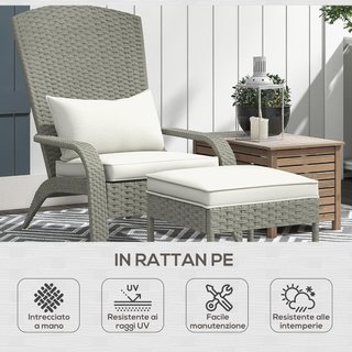 Silla De Jardín Con Reposapiés, Brazos Y Cojines Acolchados, Silla Adirondack De Ratán Y Acero, 64X82X89 Cm, Gris Y Blanco Crema