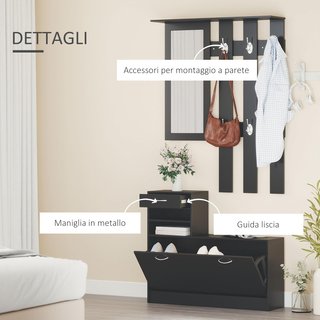 Conjunto de Muebles de Entrada Moderno con Zapatero y Espejo, Perchero de Entrada con 6 Ganchos, 2 Estantes Ajustables y Cajones de Madera para Pasillo, 90X24X177 Cm, Negro