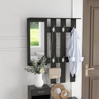 Conjunto de Muebles de Entrada Moderno con Zapatero y Espejo, Perchero de Entrada con 6 Ganchos, 2 Estantes Ajustables y Cajones de Madera para Pasillo, 90X24X177 Cm, Negro