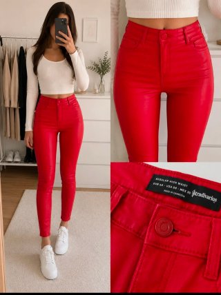 Pantalones Stradivarius pitillo cintura alta rojos