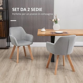 Set di 2 Sedie da Pranzo, Sedie Imbottire con Gambe in Legno, per Cucina con Braccioli in Velluto, Schienale Rigido, Comode, 54X57X80Cm, Grigio