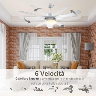 Ventilador de Techo con Luz LED Regulable en 3 Modos y Control Remoto Incluido, 6 Velocidades, para Interiores, Φ132X40 Cm, Blanco