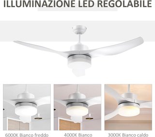 Ventilador de Techo con Luz LED Regulable en 3 Modos y Control Remoto Incluido, 6 Velocidades, para Interiores, Φ132X40 Cm, Blanco