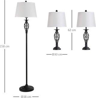 Set 3 Pezzi: 1 Lampada Da Terra E 2 Lampade Da Tavolo In Metallo, Design Vintage, Lampadine E27, Nero E Bianco