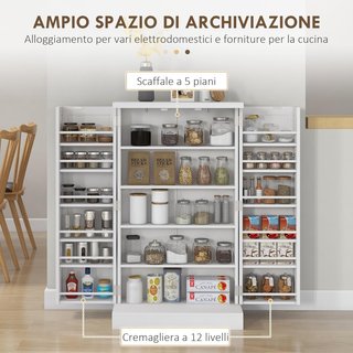 Credenza De Cocina Con 5 Estantes Centrales Y 2 Estantes Laterales De 6 Niveles, Armario De Cocina En MDF, 60X30X104 Cm, Blanco