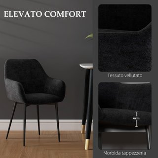 Set di 2 sedie da pranzo imbottite in stile nordico, sedie da cucina in tessuto, sedia imbottita con braccioli e gambe in acciaio per soggiorno, 54X57X80 cm, nero