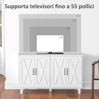 Credenza 2 Puertas Con Estantes, Credenza Multiuso en MDF de 4 Niveles Con 2 Estantes Regulables para Sala de Estar, Cocina y Entrada, 120X37X75 Cm, Blanco