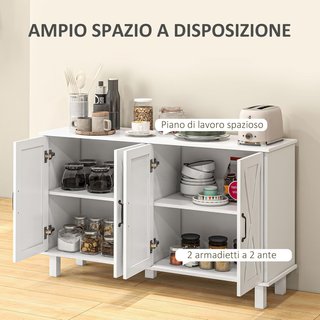 Credenza 2 Puertas Con Estantes, Credenza Multiuso en MDF de 4 Niveles Con 2 Estantes Regulables para Sala de Estar, Cocina y Entrada, 120X37X75 Cm, Blanco