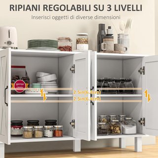 Credenza 2 Puertas Con Estantes, Credenza Multiuso en MDF de 4 Niveles Con 2 Estantes Regulables para Sala de Estar, Cocina y Entrada, 120X37X75 Cm, Blanco