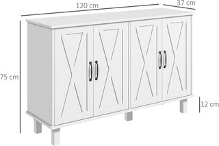 Credenza 2 Puertas Con Estantes, Credenza Multiuso en MDF de 4 Niveles Con 2 Estantes Regulables para Sala de Estar, Cocina y Entrada, 120X37X75 Cm, Blanco