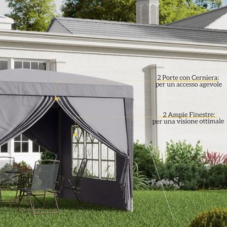 Toldo Plegable 3X3 Pop up Con 2 Puertas Y 2 Ventanas, 4 Paneles Laterales Y Bolsa De Transporte, Toldo De Exterior En Acero Y Tela Oxford, Para Jardín, Fiestas, Camping, Gris