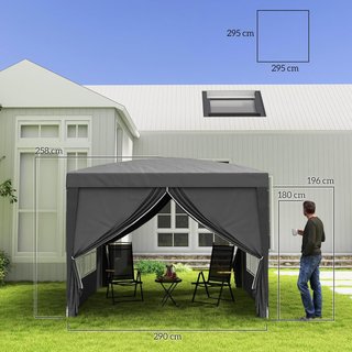 Toldo Plegable 3X3 Pop up Con 2 Puertas Y 2 Ventanas, 4 Paneles Laterales Y Bolsa De Transporte, Toldo De Exterior En Acero Y Tela Oxford, Para Jardín, Fiestas, Camping, Gris