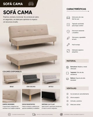 Sofá Cama Beige/Gris Tela y Metal