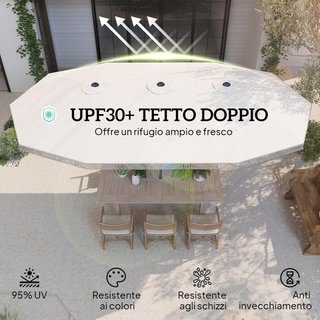 Sombrilla Doble 450X265 Cm Con Manivela, Salidas de Aire y Flecos, Sombrilla de Jardín de 12 Varillas de Metal y Poliéster 180G/㎡, anti UV30+, para Jardín, Terraza y Balcón, Crema