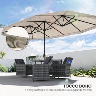 Sombrilla Doble 450X265 Cm Con Manivela, Salidas de Aire y Flecos, Sombrilla de Jardín de 12 Varillas de Metal y Poliéster 180G/㎡, anti UV30+, para Jardín, Terraza y Balcón, Crema