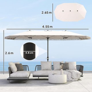 Sombrilla Doble 450X265 Cm Con Manivela, Salidas de Aire y Flecos, Sombrilla de Jardín de 12 Varillas de Metal y Poliéster 180G/㎡, anti UV30+, para Jardín, Terraza y Balcón, Crema