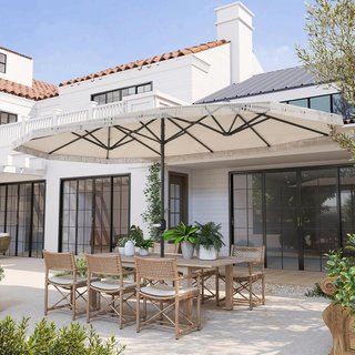 Sombrilla Doble 450X265 Cm Con Manivela, Salidas de Aire y Flecos, Sombrilla de Jardín de 12 Varillas de Metal y Poliéster 180G/㎡, anti UV30+, para Jardín, Terraza y Balcón, Crema