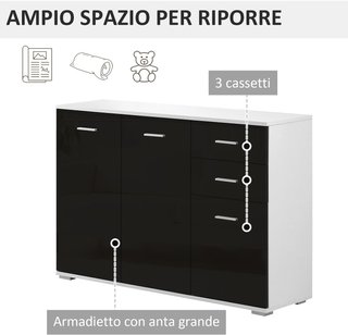 Cómoda, Mueble para Sala y Dormitorio Con 3 Puertas y 2 Cajones, Negro Brillante, Antirayaduras (106 X 35 X 76 Cm)