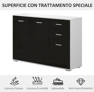 Cómoda, Mueble para Sala y Dormitorio Con 3 Puertas y 2 Cajones, Negro Brillante, Antirayaduras (106 X 35 X 76 Cm)