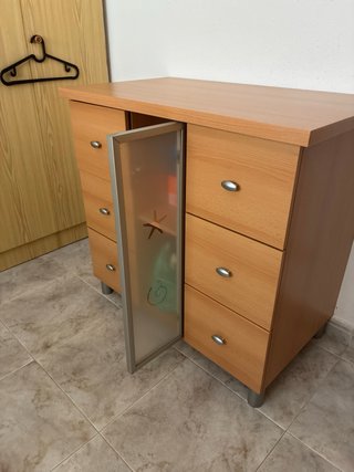 Cómoda de madera con puerta de cristal