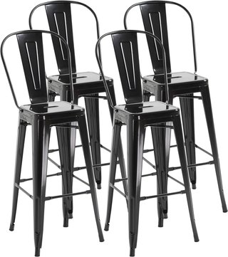 Set di 4 Sgabelli Ergonomici con Schienale Rimovibile e Poggiapiedi, Sgabelli da Cucina in Metallo, 44X46X116 Cm, Nero