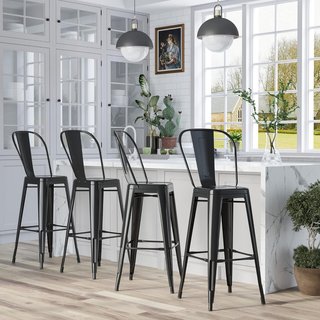 Set di 4 Sgabelli Ergonomici con Schienale Rimovibile e Poggiapiedi, Sgabelli da Cucina in Metallo, 44X46X116 Cm, Nero