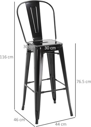 Set di 4 Sgabelli Ergonomici con Schienale Rimovibile e Poggiapiedi, Sgabelli da Cucina in Metallo, 44X46X116 Cm, Nero